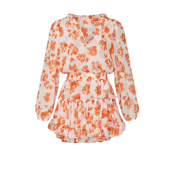 Misa Los Angeles Lorena Blouson Mini Dress Medium Orange Floral Print V-neck - Picture 2 of 13